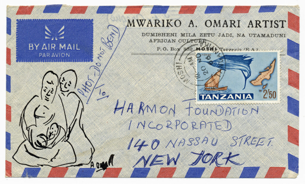 Air-mail letter sent from Moshi, Tanzania, to New York, New York, on 20 November 1966 (original envelope: 152.0 mm × 89.0 mm). The lower-left portion of the envelope contains an original sketch by the sender, Mwariko A. Omari, a renowned Tanzanian artist.